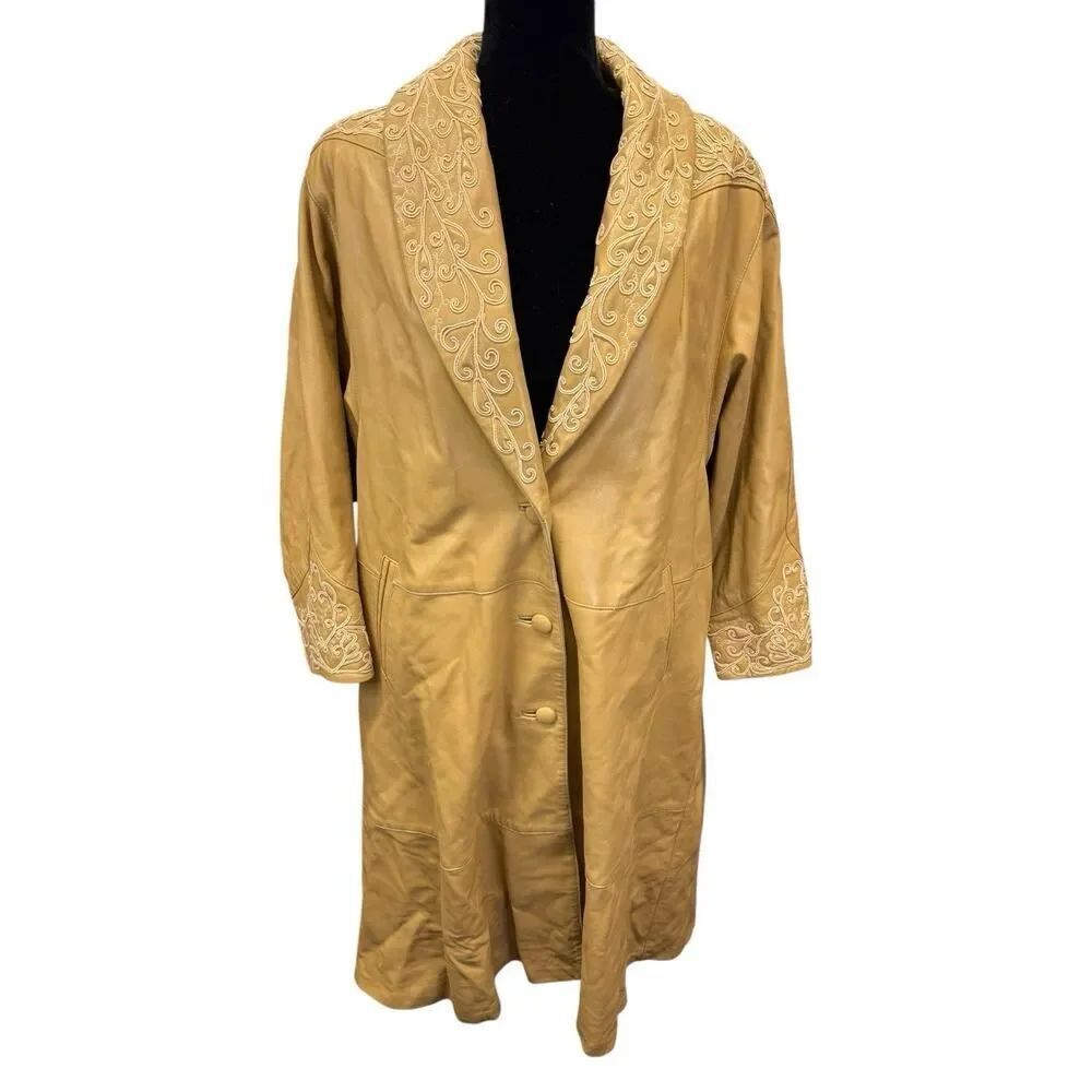 Vintage LeatherโCoat Embroidered Long Tan Leather Duster Jacket Womens XL 80s
